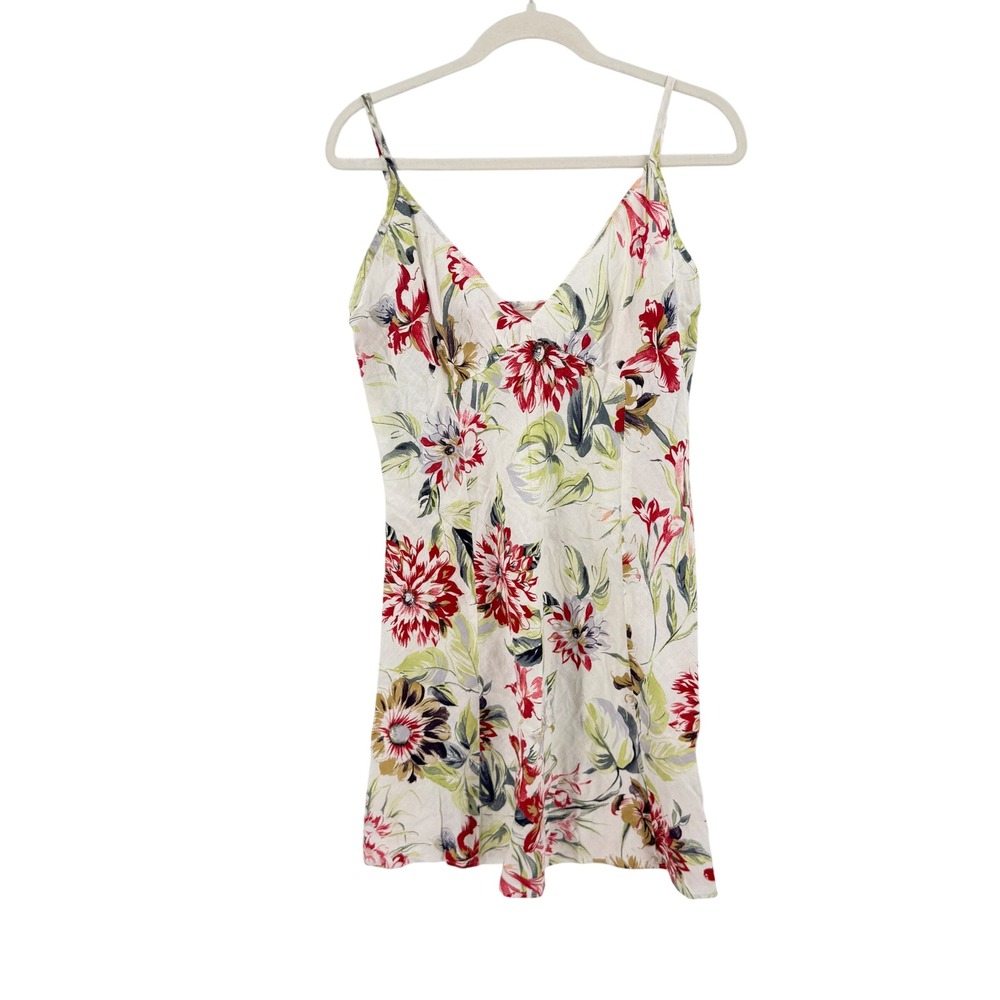 FLAX Floral Linen Slip Dress‎ Cream Red Medium Boho Cottagecore Coastal Euro